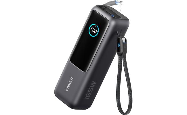 Anker Zolo Power Bank 165W, 25,000mAh Portable Charger with Triple 100W USB-C Ports for Multi-Device Charging, Built-in and Retractable Cables, for iPhone 16/15 Series, MacBook, Samsung, and Laptop's - Black